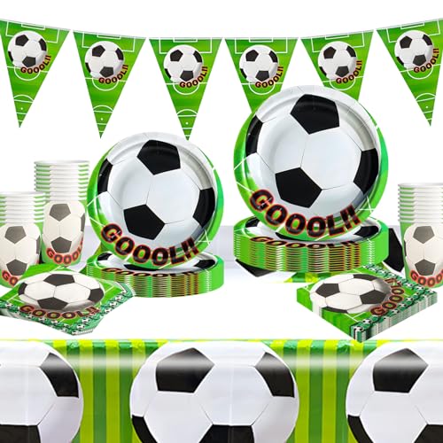 Suffolly Fussball Party Geburtstag Deko Kindergeburtstag Party Supplie Football Geburtstagsdeko Grün Luftballon Fußball Pappteller Set Papierbecher Tischdecke Servietten Banner,style 2 von Suffolly