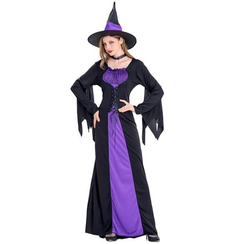 Suffolly Hexenkostüm, lila, Halloween-Hexenkostüm, 3-teilig, violettes Hexen-Outfit, inklusive Hut, Halsketten, Kleid, Hexenkostüm, Erwachsenenkostüm, Damen-Kostüm, Halloween-Kostüme (lila, M) von Suffolly