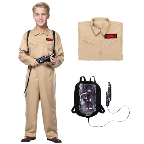 Suffolly Kinder Cosplay Kostüme Halloween Karneval Kostüm Set mit Overall und Rucksack (Beige, 120) von Suffolly