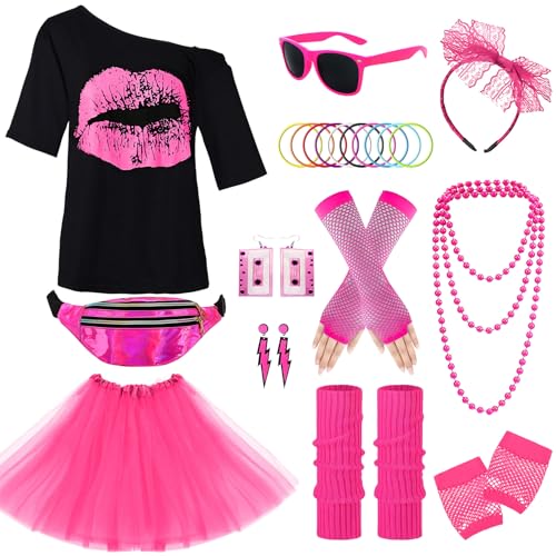 Suffolly Kostüm 80er Jahre, Damen-Kostüm, Disco-Kostüm, Damen, mit Tutu, Haarband, Tasche, Handschuhe aus Netzstoff, für Damen, 1980er, Party-Kostüm, Disco, Kostüm, Partykleidung (L) von Suffolly