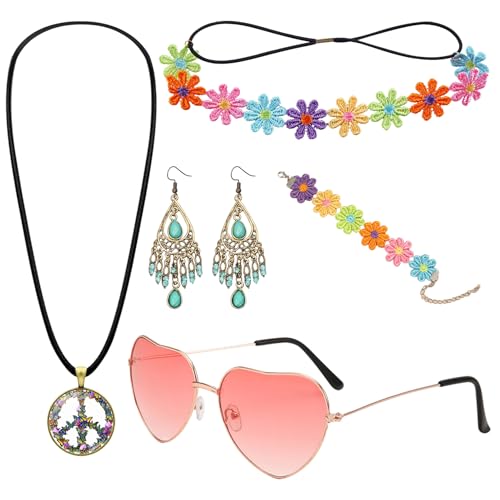 Suffolly Kostüm 80er Jahre Damen Set, Hippie Kostüm Hippe Zubehör mit Brille Armbänder und Halsketten, Hippie Set 70er 80er Jahre für Karneval Maskerade (Stil B) von Suffolly