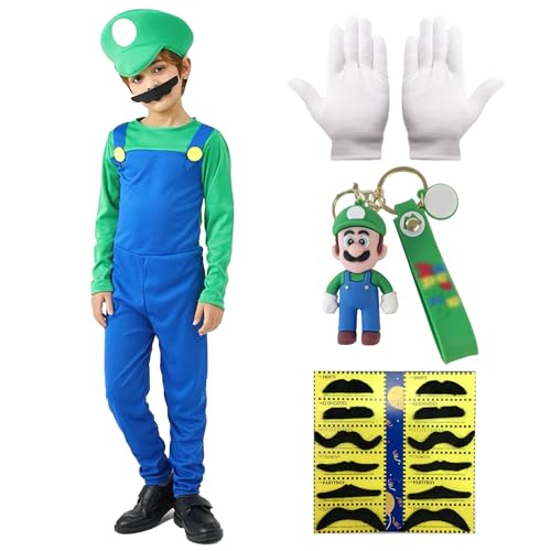 Super Brothers Kostüm Super 4pcs Klempner Set Super Brüder Cosplay Outfit für Erwachsene Kinder mit Super Bros Jumpsuit, Schlüsselanhänger, Simulierter Schwarzer Bart, Weiße Handschuhe Kinder, L von Suffolly