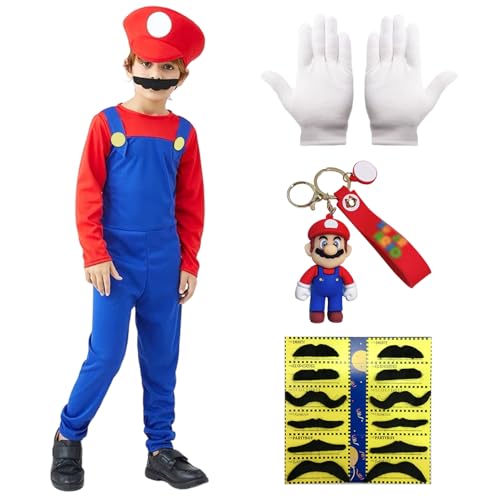 Super Brothers Kostüm Super 4pcs Klempner Set Super Brüder Cosplay Outfit für Erwachsene Kinder mit Super Bros Jumpsuit, Schlüsselanhänger, Simulierter Schwarzer Bart, Weiße Handschuhe Kinder, L von Suffolly