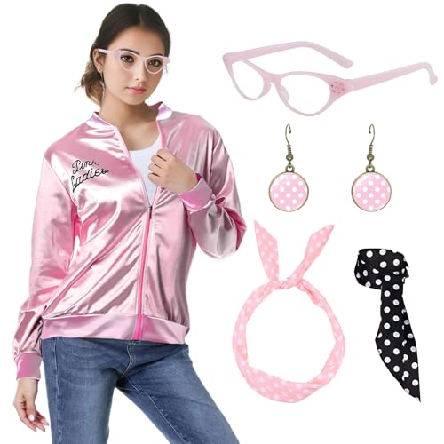 Suffolly Pinke Damenjacke, rosa Damen-Kostüm, 50er-Jahre-Kostüm, rosa Outfit mit rosa Damen-Accessoires, Ohrringen, Brille, Schal, Stirnband für Damen, 1950er-Jahre, Jacke, Fettfett, 50er-Jahre-Kostüm von Suffolly