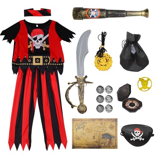 Suffolly Halloween Piraten Kostüm Piratenkostüm Kinder 17pcs Pirate Costume Kids Pirate Outfit mit Piraten Zubehör Set,S von Suffolly