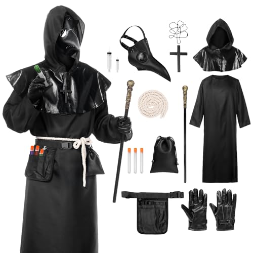 Suffolly Pestdoktor Kostüm für Erwachsene Pestarzt Kostüm Herren Plague Doc Cosplay Karneval Mittelalter Steampunk Kostüm mit 15 Pcs Zubehör (L) von Suffolly