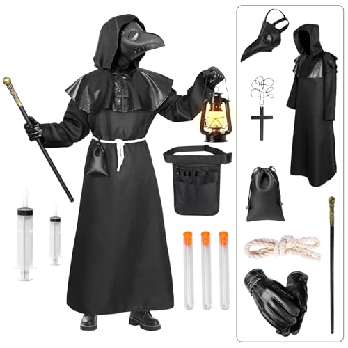 Suffolly Pestdoktor Kostüm für Erwachsene Pestarzt Kostüm Herren Plague Doc Cosplay Karneval Mittelalter Steampunk Kostüm mit 15 Pcs Zubehör,S von Suffolly