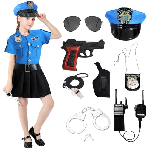 Suffolly Polizei-Kostüm für Kinder, Mädchen, Polizist Kostüm für Kinder mit Sonnenbrille, Jacke, Gürtel, Hut, Verkleidung Polizistin, Kinder, für Karneval, Maskerade, Cosplay (110) von Suffolly