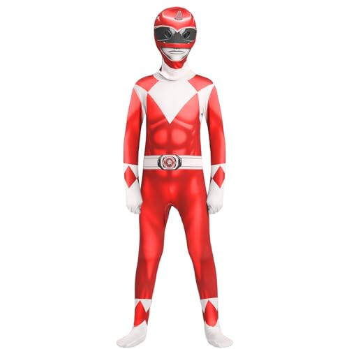 Suffolly Power Rangs Kostüm für Kinder Muskelkostüm Karneval Dino Faschingskostüme Kinder (Rot, 120) von Suffolly