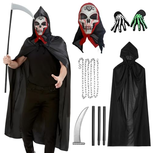 Suffolly Sensenmann-Kostüm für Erwachsene, 6-teiliges Sensenmann-Kostüm, inkl. Umhang, Sensenmann, Handschuhe, Kette, Halloween-Kostüme für Herren, Horror-Kostüm (schwarz, Erwachsene) von Suffolly