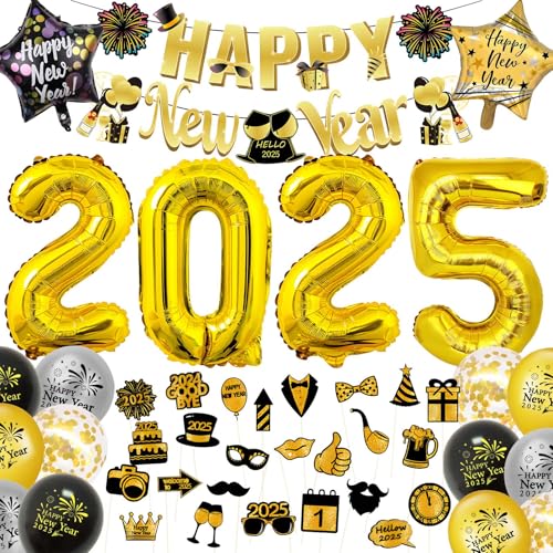 Suffolly Silvester-Dekorationen 2025, Silvester-Dekorationen, 46-teiliges Set enthält Happy New Year Banner, Ballon, Band und Silvester-Fotoautomaten-Requisiten für Silvesterparty (B) von Suffolly