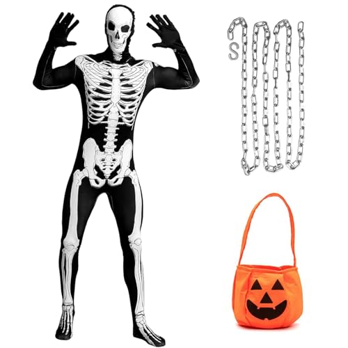 Suffolly Halloween Kostüm Herren Skelett, Skeleton Jumpsuit Skelett Overall mit Kürbishandtasche und Kette für Fasching Cosplay Mottoparty (160) von Suffolly