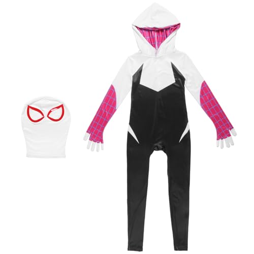 Suffolly 3-11 Jahre Superheld für Kinder 3D Anime Anzug Suit Bodysuit Halloween Karneval Onesie Kinder Outfit mit Kopfbedeckung Weiß,110 von Suffolly