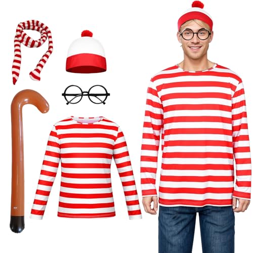 Suffolly Wally Kostüm-Set für Erwachsene, rot und weiß gestreift, langärmelig, Hut, Gehstock, Schal, Brille, gestreiftes Oberteil, Halloween, Weltbuchtag, Kostüm, Herren, Größe M von Suffolly