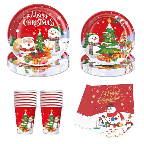 64 Pcs Weihnachten Party Supplies Papier Teller Set Weihnachten Deko mit Servietten,Teller, Pappercup Weihnachtsgeschirr für 16 Person von Suffolly