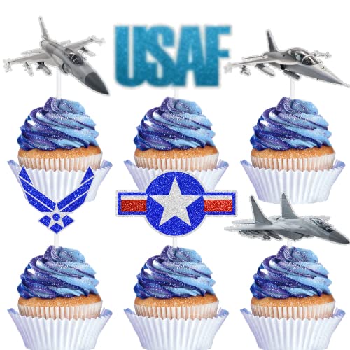 Air Force Fighter Aircraft Happy Birthday Cupcake Topper - Flugzeug-Thema Flieger Stunt-Ruhestand USAF Club Junge Mädchen Herren Geburtstag Party Supplies Dekorationen von SugarGera