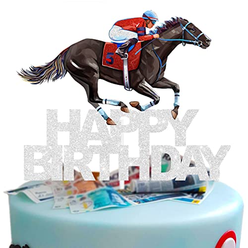 Rennpferde-Kuchenaufsatz – Reitsport-Motto-Party-Ritter, weißer Glitzer, Happy Birthday-Dekoration von SugarGera