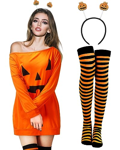 Suhine 3 Stück Kürbis Halloween Kostüm Zubehör Frauen Geist Schulterfrei Shirt Gestreifte Socken Stirnband Cosplay, Kürbis, L von Suhine