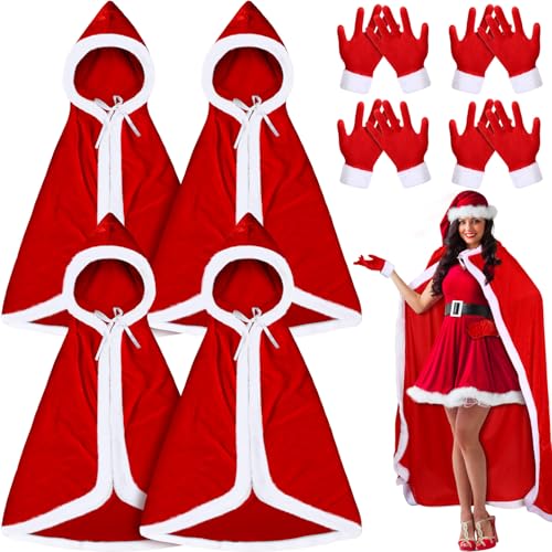 Suhine 4 Set Weihnachtskostüme, Umhang, Weihnachtsmann, Samt, Kapuzenumhang, Robe mit pelzigen Manschetten, Handschuhen für Damen, Rot/Ausflug, einfarbig (Getaway Solids), 59 Inch von Suhine