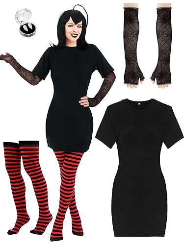 Suhine 4 Stück Halloween Vampir Kostüm für Frauen mit schwarz und rot gestreiften Strumpfhosen schwarzes Kleid Vampir Zähne Handschuh (X-Large) von Suhine