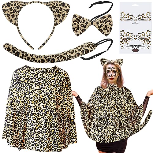 Suhine 6-teiliges Halloween-Tier-Poncho-Kostüm für Erwachsene, inklusive Kostümponchos, Stirnband, Schwanz, Dekor und Fliege für Halloween (Leopard) von Suhine