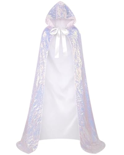 Suhine Damen Prinzessin Kapuzenumhang Kostüm Pailletten Fee Meerjungfrau Umhang für Weihnachten Karneval Cosplay Party, Dazzle White, 140 cm von Suhine