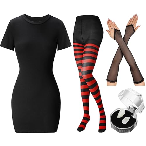 Suhine Halloween-Vampir-Kostüm für Damen, schwarze und rote Leggings, schwarzes Kleid, Vampirzähne, Handschuh für Cosplay-Party, Größe M von Suhine