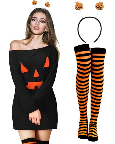 Suhine Kürbis-Halloween-Kostüm-Zubehör für Damen, schulterfreies Hemd, gestreifte Socken, Stirnband, Cosplay, Geist, Größe XL, 3 Stück von Suhine