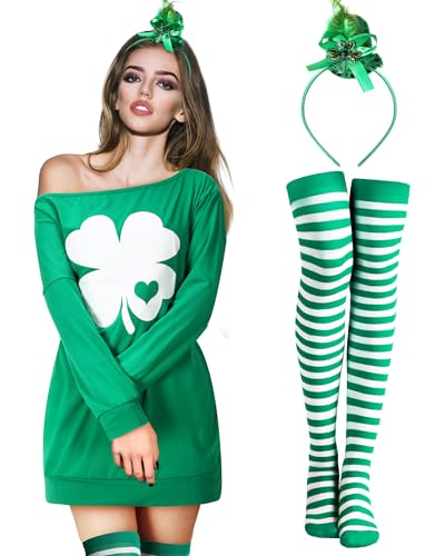 Suhine St. Patrick's Day Kostümzubehör für Damen, schulterfrei, irisches Hemd, Kleid, Pailletten-Stirnband, gestreifte Socken (Blatt, Größe XL) von Suhine