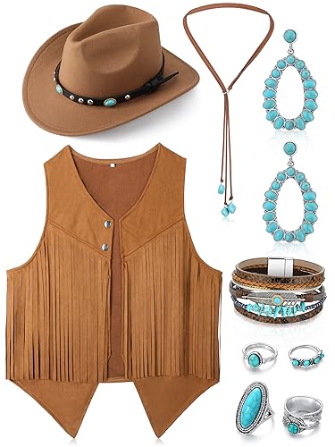 Suhine Western-Outfits für Damen, Cowgirl-Weste, Boho-Cowboyhut, Schmuck-Set für Halloween, Cosplay (Khaki, klein), 9 Stück von Suhine