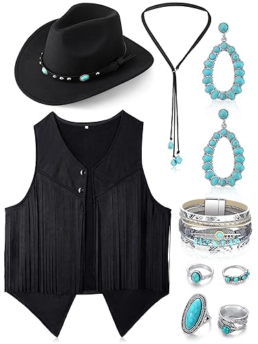 Suhine Western-Outfits für Damen, Cowgirl-Weste, Boho-Cowboyhut, Schmuck-Set für Halloween, Cosplay (Schwarz, Medium), 9 Stück von Suhine