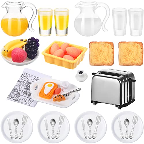 Suilung 44 Stück 1:12 Puppenhaus Miniatur Frühstück Küchen Zubehör Mini Toastmaschine Brot Saft Milch Eier Tassen Obstteller Messer Gabel Löffel für Puppenhaus Küchenszene und Kuchen Topper Deko von Suilung