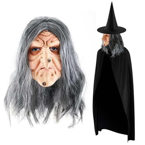 Suilung Halloween Hexe Cosplay Zubehör inklusive Alte Hexenmaske mit Perücken Schwarze Hexenhut Schwarzer Umhang mit Kapuze Vollkopf Gruselige Latexmaske Erwachsene für Halloween Karneval von Suilung