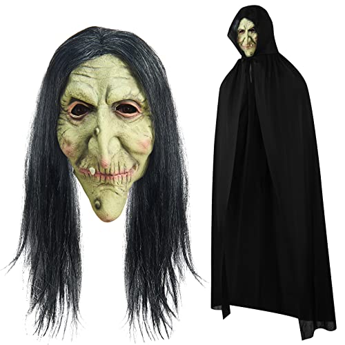 Suilung Halloween Hexe Cosplay Zubehör mit Alte Hexenmaske mit Perücken Vollkopf Gruselige Latexmaske und Schwarzer Umhang mit Kapuze für Damen Herren Unisex Erwachsene Halloween Kostüm, Suilung-283 von Suilung