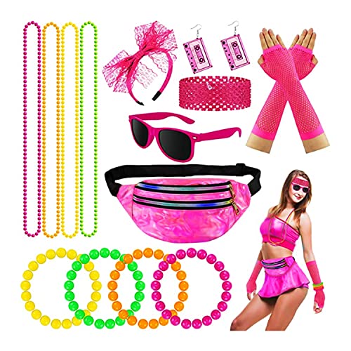 16Pcs Kostüm 80er Jahre Accessoires 90er Jahre Outfit Damen Bad Taste Outfit Damen Set Mit Spitzenstirnband Ohrringen Netzhandschuhen Neonfarbener Halskette Und Armband Für 80er Jahre Themenparty von Suitedget