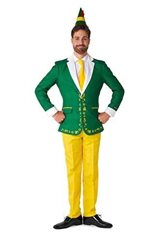 Suitmeister Herrenkostüm - Elf Weihnachten Halloween Outfit Set - Grün, Gelb - Enthält Weihnachtsblazer, Hose, Hut, Krawatte von Suitmeister