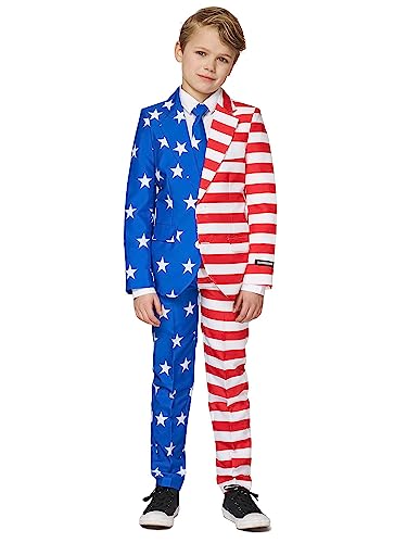 Suitmeister Jungen Anzug - USA Amerika Flaggen Outfit - Tailliert Party Kostüme - Blau, Weiß, Rot - Größe M von Suitmeister