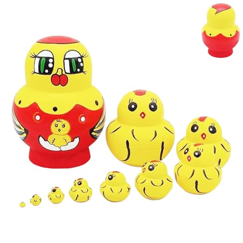 Cute Nesting Dolls, Yellow Chicken Dolls, Cartoon Animal Dolls, Wooden Russian Dolls, Handmade Matryoshka Dolls, 10x Set Charming Yellow Chicken Design for Kids Birthday Easter Day Christmas Décor von Sulxyi