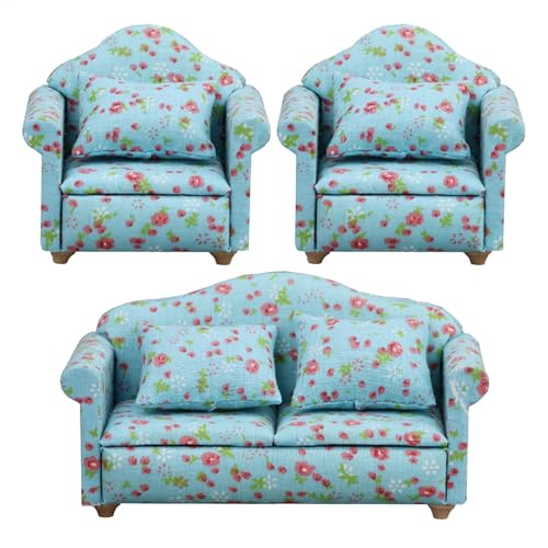 Miniatur Puppenhaus Sofa, Puppenhaus Couch Möbel, Waage Sofa, Puppenhaus Zubehör, Puppenhaus Couch Set, Elegante Blumen Muster Polsterung für Puppenhaus Wohnzimmer von Sulxyi