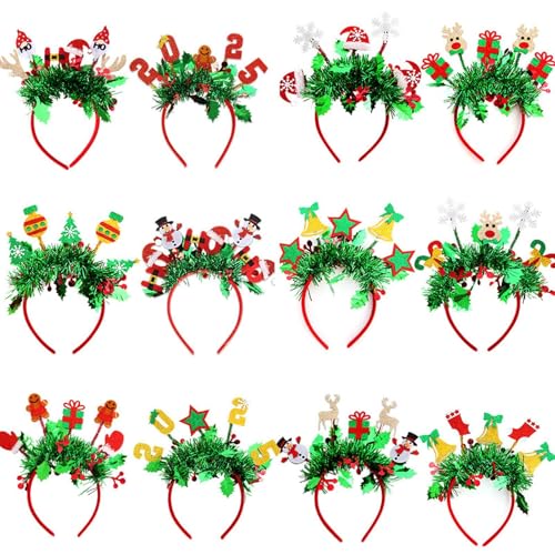 Sulxyi Weihnachten Haarband, Neujahr Haarband, Weihnachtskostüm Kopfbedeckung, ausgefallene Kopfbedeckung, Elch Stirnbänder, 12x Festliches Cartoon-Design Dehnbar und Bequem Fit für Weihnachten von Sulxyi