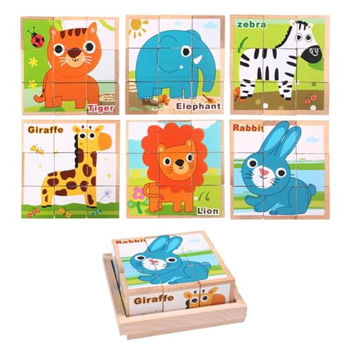 Wooden Jigsaw Puzzles, Cube Block Toys, Animal Puzzle, 3D Wooden Cube Block Toys, Wooden Cube Puzzle, 6 Engaging Puzzle Patterns Convenient Storage Tray for Kids 1 2 3 4 Years Old Boys Girls von Sulxyi