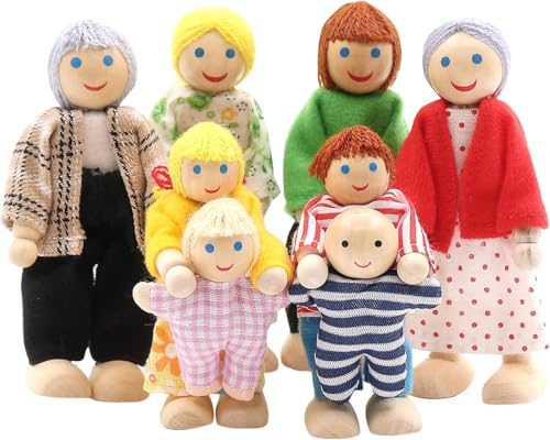 SumDirect 8-Stücke Holz Familienpuppen Spielset, Puppenfamilie Holzpuppen, Puppenhaus Kinderspielzeug von SumDirect