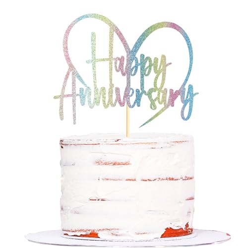 Sumerk 1 x Tortenaufsatz "Happy Anniversary", Hochzeitstag, Kuchendekoration, 50. Hochzeitstag, Kuchendekoration, Jahrestag, Party-Dekoration, Regenbogenfarben von Sumerk