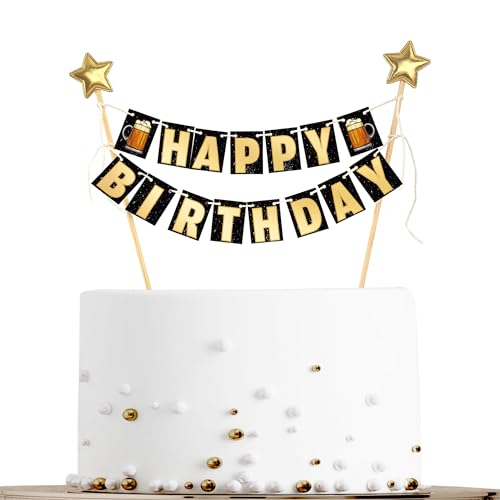 Sumerk 17 Stück Happy Birthday Cake Topper Gold Happy Birthday Banner + 2 Sterne Cupcake Topper Geburtstag Kuchen Dekorationen für Mädchen Jungen Männer Frauen Geburtstag Wimpelkette für Party von Sumerk