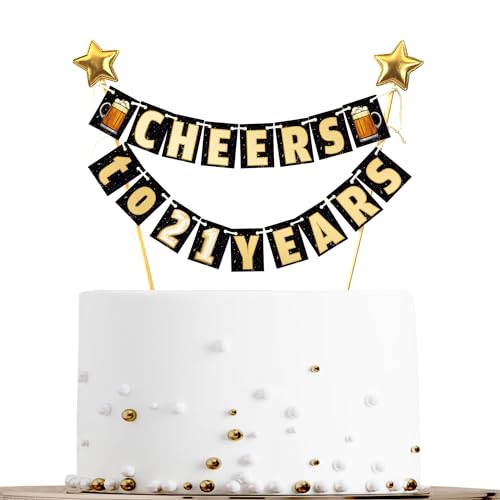 Sumerk 19 Stück Happy 21st Birthday Cake Topper Gold Happy Birthday Banner + 2 Sterne Cupcake Topper Geburtstag Kuchen Dekorationen für Mädchen Jungen Männer Frauen Geburtstag Wimpelkette für Party von Sumerk