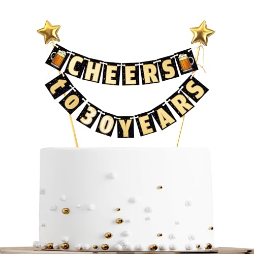 Sumerk 19 Stück Happy 30th Birthday Cake Topper Gold Happy Birthday Banner + 2 Sterne Cupcake Topper Geburtstag Kuchen Dekorationen für Mädchen Jungen Männer Frauen Geburtstag Wimpelkette für Party von Sumerk