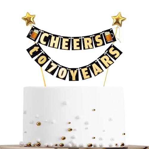 Sumerk 19 Stück Happy 70th Birthday Cake Topper Gold Happy Birthday Banner + 2 Sterne Cupcake Topper Geburtstag Kuchen Dekorationen für Mädchen Jungen Männer Frauen Geburtstag Wimpelkette für Party von Sumerk