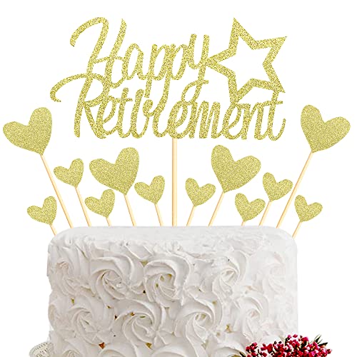 Sumerk Gold Glitzer Happy Retirement Kuchendeckel Retired Theme Kuchendekorationen Set mit Herz Cupcake Topper Partydekorationen Zubehör - Packung mit 13 von Sumerk