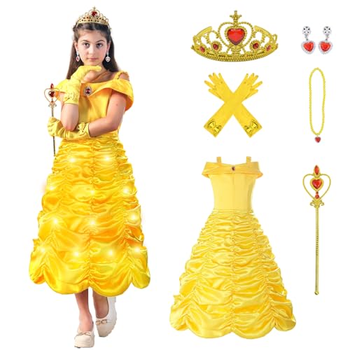 Sumickx Gelb Prinzessin Kleid Kostüm mit Lichter für Mädchen Halloween Weihnachten Geburtstag Cosplay Outfits (Gelb, 4-6 Jahre) von Sumickx