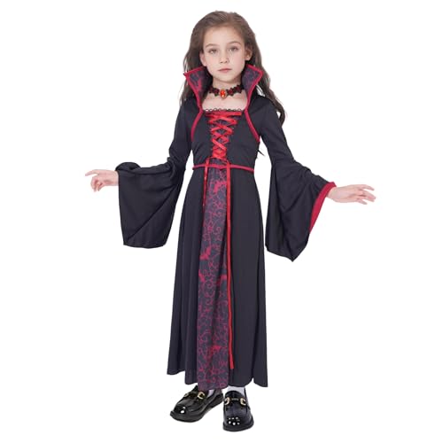 Summerdate Mädchen Dämonenkostüm, mittelalterliches gotisches Kapuzen-Hexen-Kostüm Skelettdruck, Kinderkostüm für Halloween, Karneval Cosplay-Partys von Summerdate